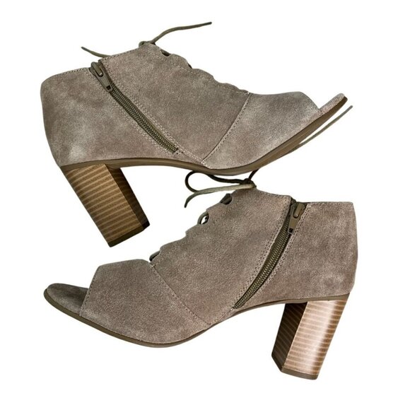 Susina Taupe Suede Peep Toe Lace-Up Block Heel Booties Size 9 - Picture 7 of 12